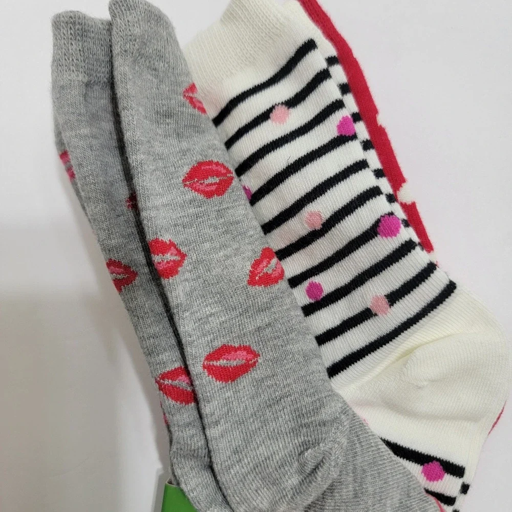 NEW Kate Spade New York Shortie‎ Crew Socks 3 Pairs Lips Kiss Stripes Polka Dots